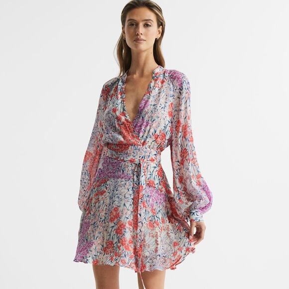 Reiss Dresses & Skirts - Reiss Keira Floral Long Sleeve Minidress Size XS/2 V-Neck Tie Waist Retail $330
